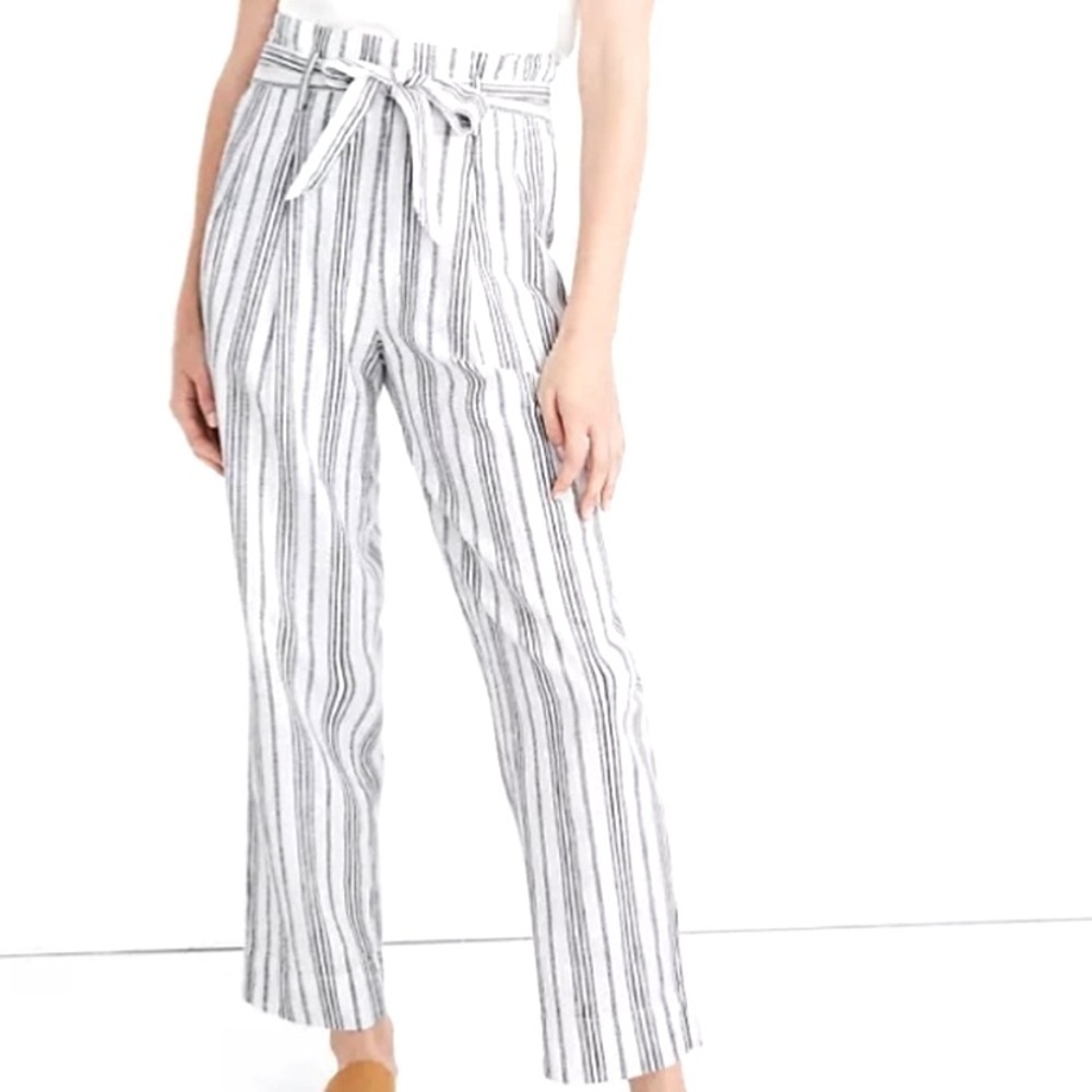 Madewell Striped Linen Paper Bag Pants with Tie Belt White & Blue Womens Size 14